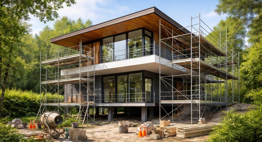 maison-moderne-echafaudages-chantier-verdure